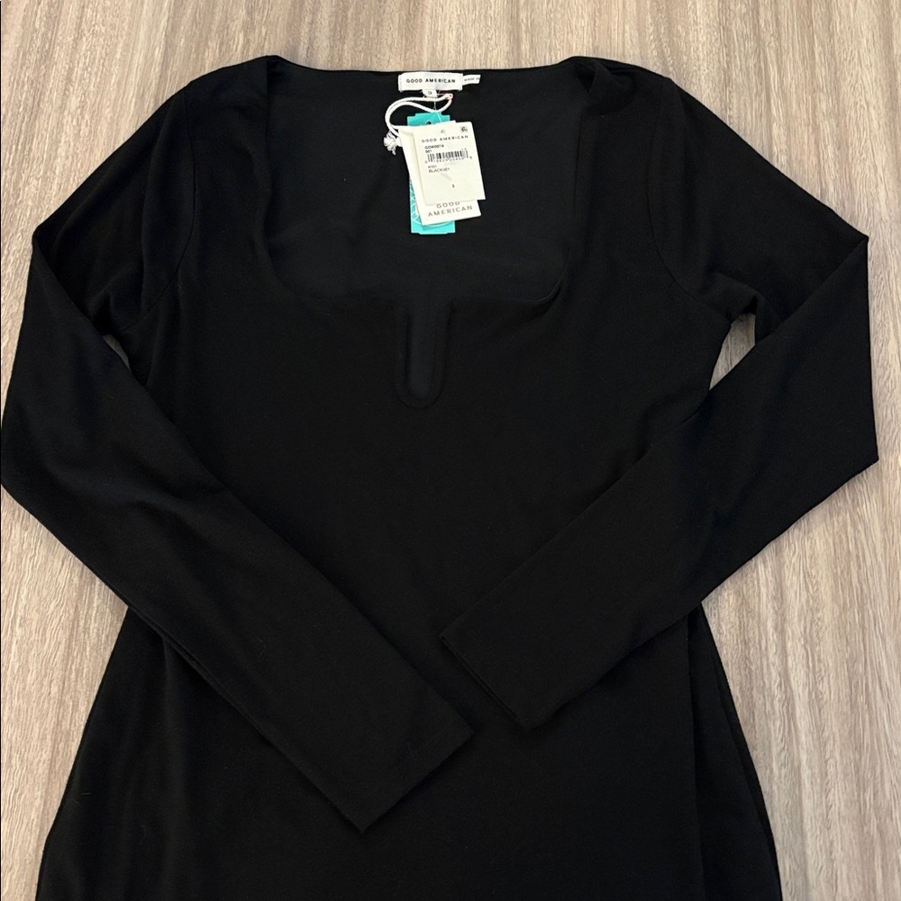 Good American Bodycon Midi Dress Black U-Ring Stretch Long Sleeve 3 Large New - Picture 2 of 7